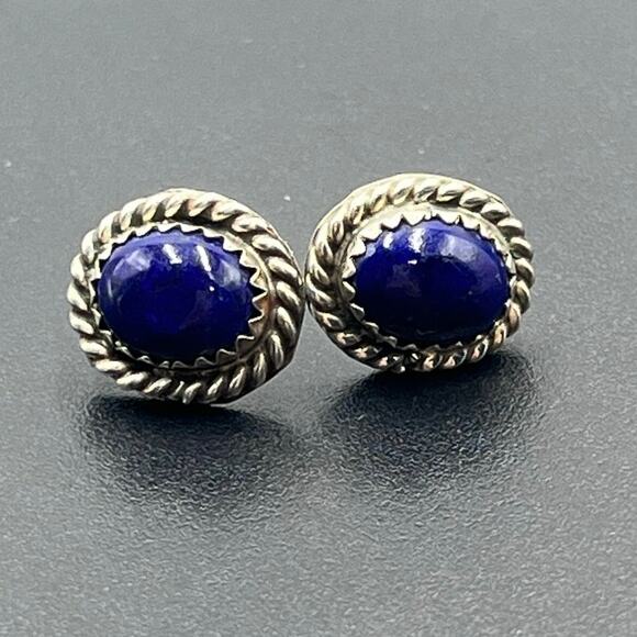 Vintage Sterling Silver Blue Lapis Lazuli Oval Stud Earrings Rope Border Signed - Picture 15 of 15